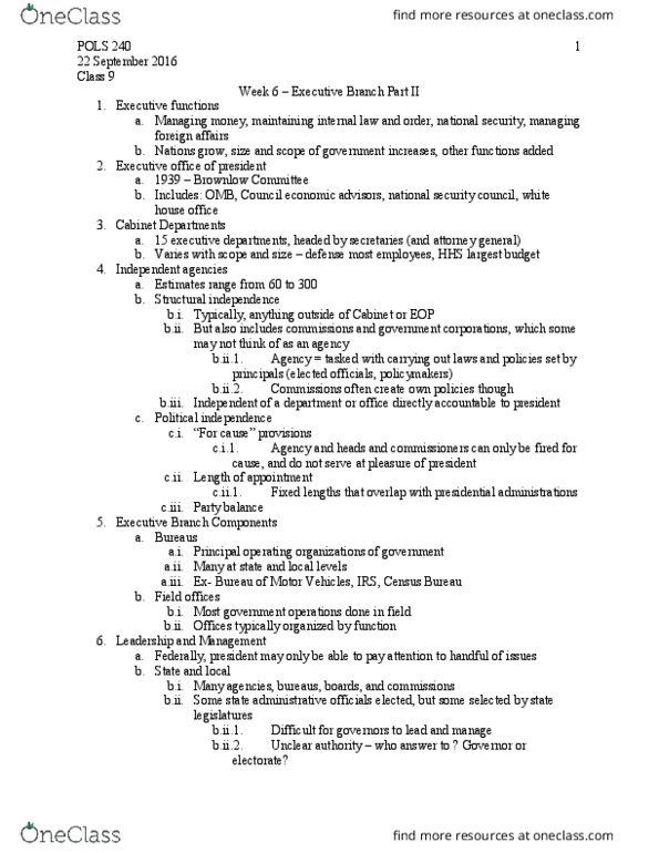 POLS 240 Lecture Notes - Lecture 9: Brownlow Committee, Executive Functions thumbnail