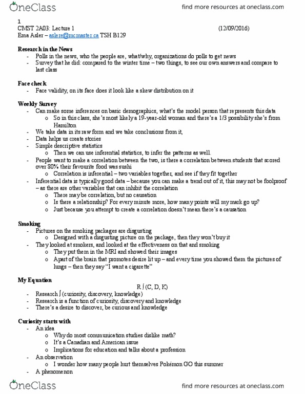 CMST 2A03 Lecture Notes - Lecture 1: Statistical Inference, Metrolinx, Face Validity thumbnail