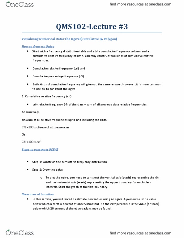 QMS 102 Lecture Notes - Lecture 3: Cumulative Frequency Analysis, Royal Institute Of Technology, Quartile thumbnail