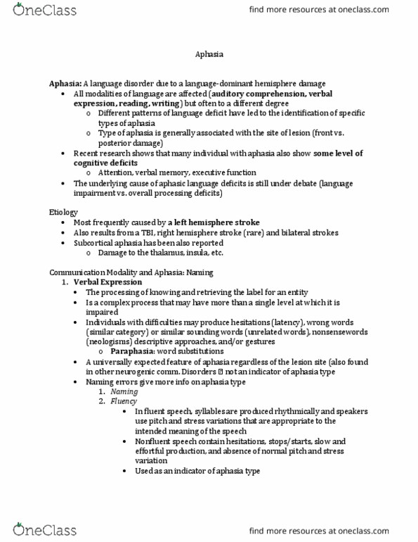 CMD 460 Lecture Notes - Lecture 1: Language Disorder, Paraphasia, Agrammatism thumbnail