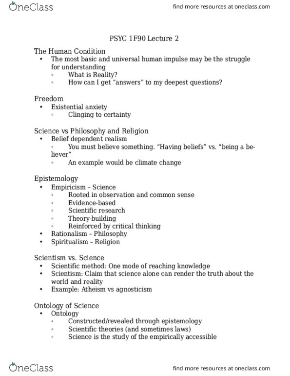 PSYC 1F90 Lecture Notes - Lecture 1: Empiricism, Spiritualism, Atheism thumbnail