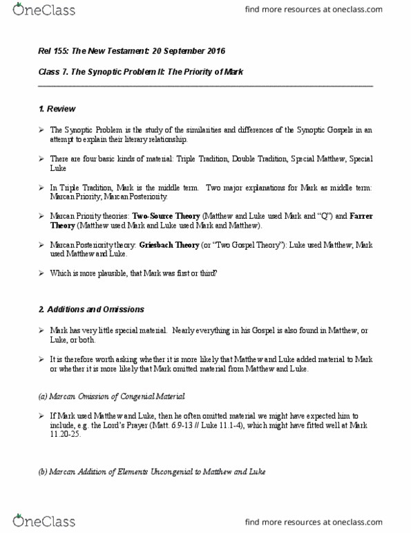 RELIGION 155 Lecture Notes - Lecture 7: Marcan Priority, Two-Gospel Hypothesis, Synoptic Gospels thumbnail