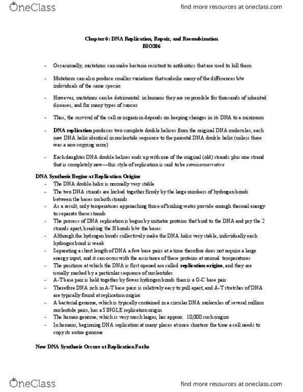 BIO206H5 Lecture Notes - Lecture 6: Dna Mismatch Repair, Nucleoside Triphosphate, Dna Replication thumbnail