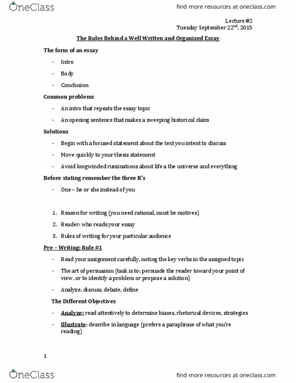 ENG 1100 Lecture Notes - Lecture 2: Thesis Statement, Five Ws, Free Writing thumbnail