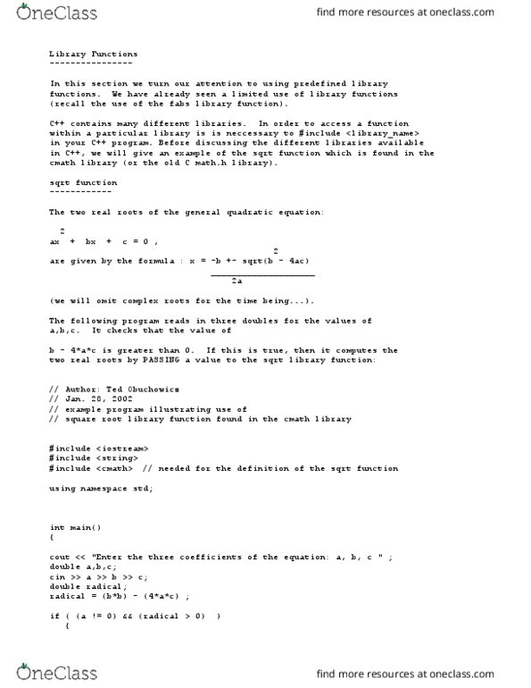 MECH 215 Lecture Notes - Lecture 4: C Mathematical Functions, Function Prototype, Quadratic Equation thumbnail