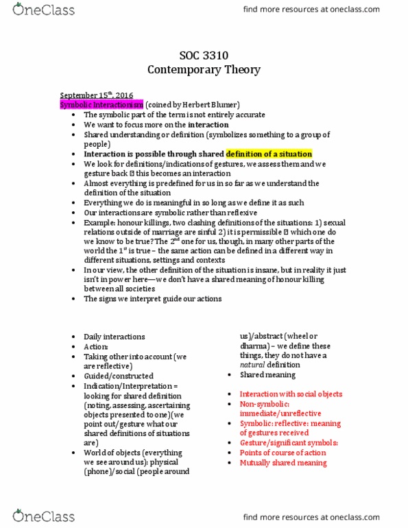 SOC 3310 Lecture Notes - Lecture 2: Herbert Blumer, Symbolic Interactionism, Dharma thumbnail