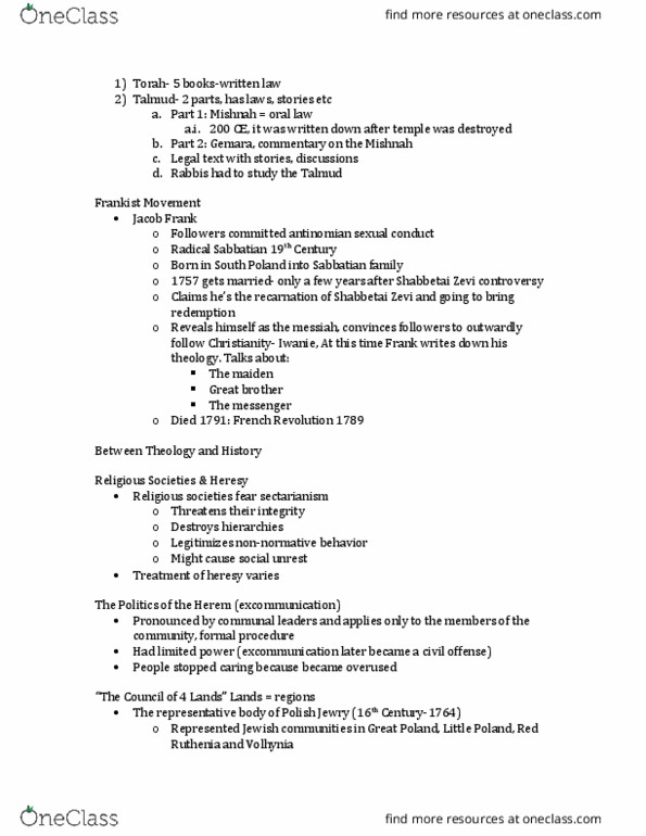 JWST 347 Lecture Notes - Lecture 3: Greater Poland, Shtadlan, Sabbateans thumbnail