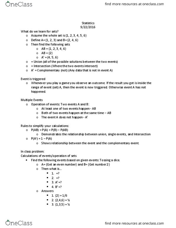 MATH 141 Lecture Notes - Lecture 6: Complementary Event thumbnail