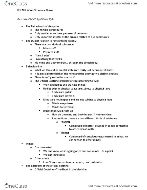 PHLB81H3 Lecture Notes - Lecture 3: Pineal Gland, Materialism, Hilary Putnam thumbnail