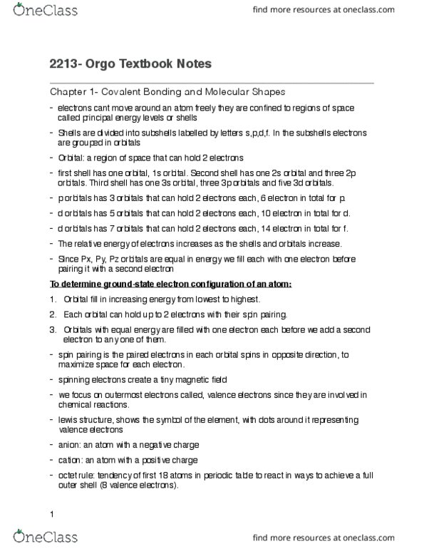 Chemistry 2213A/B Chapter Notes - Chapter 1: Chemical Polarity, Covalent Bond, Ionic Bonding thumbnail