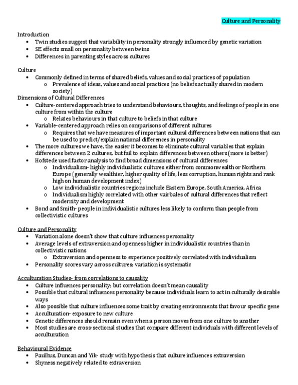 PSY230H5 Lecture Notes - Lecture 14: Shyness, Twin Study, Acculturation thumbnail