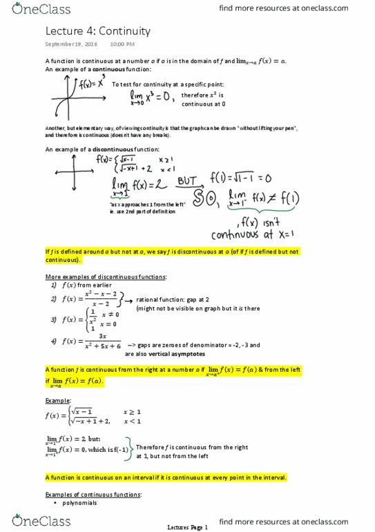 MAT 1320 Lecture Notes - Lecture 4: Intermediate Value Theorem, Continuous Function, Asymptote thumbnail