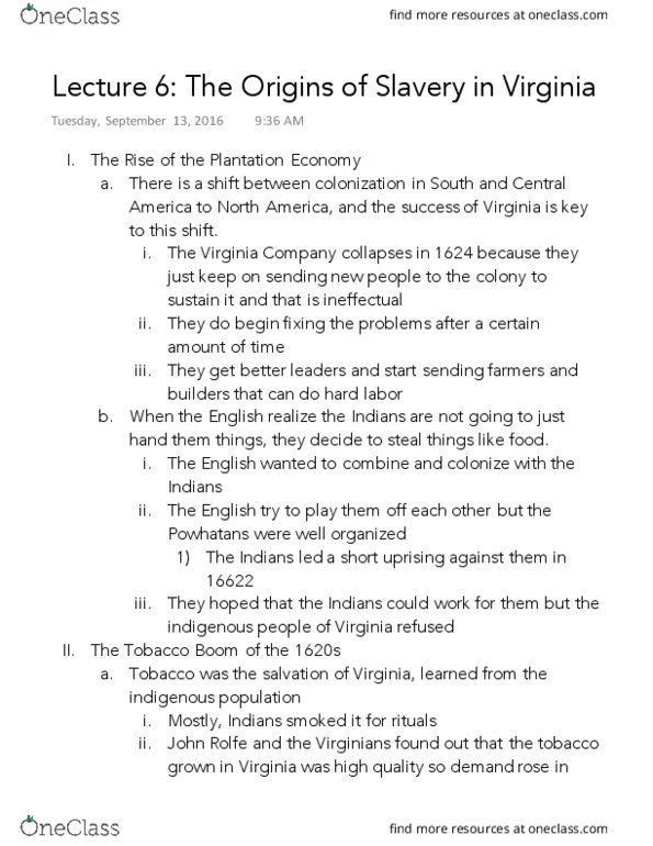 HISTORY 7A Lecture Notes - Lecture 6: Powhatan, Indentured Servant, Soboth thumbnail