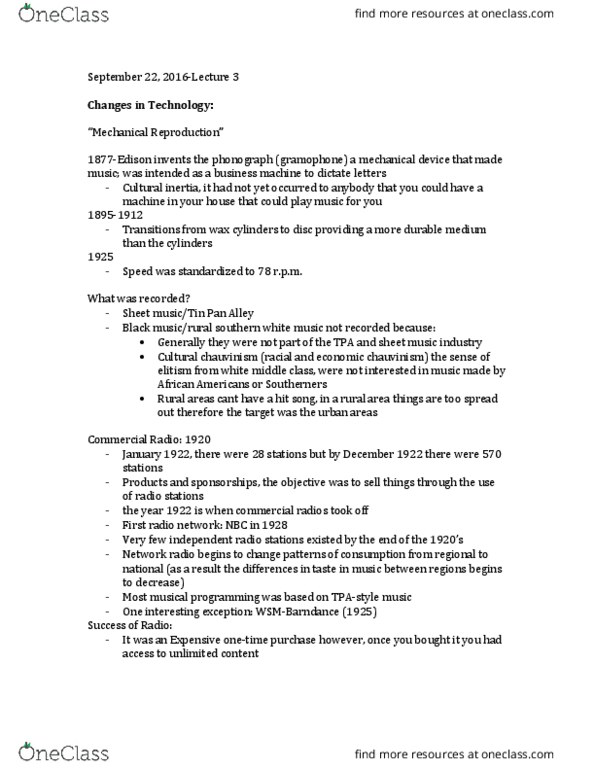 MUSIC140 Lecture Notes - Lecture 3: Crazy Blues, Record Chart, Wdia thumbnail