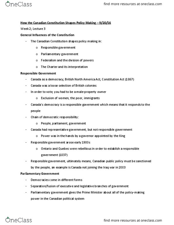 POLI 1P98 Lecture Notes - Lecture 3: Parliamentary Sovereignty, Canadian Economics Association, Responsible Government thumbnail