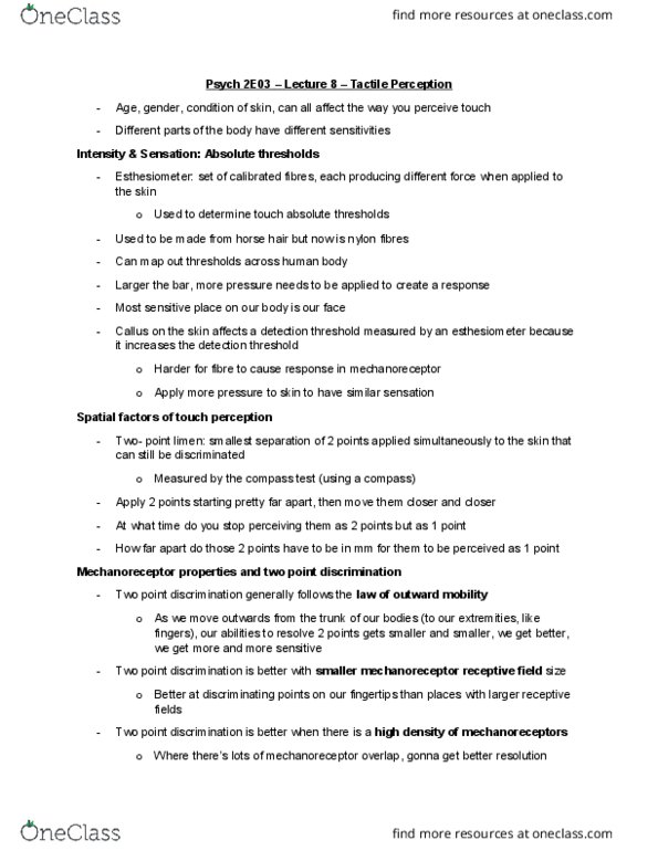 PSYCH 2E03 Lecture Notes - Lecture 8: Thermoception, Lamellar Corpuscle, Opponent Process thumbnail