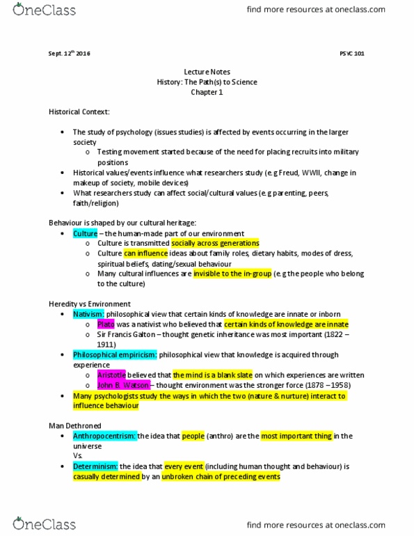 PSYC 101 Lecture Notes - Lecture 1: Carburetor, Psychoanalysis, Kurt Koffka thumbnail