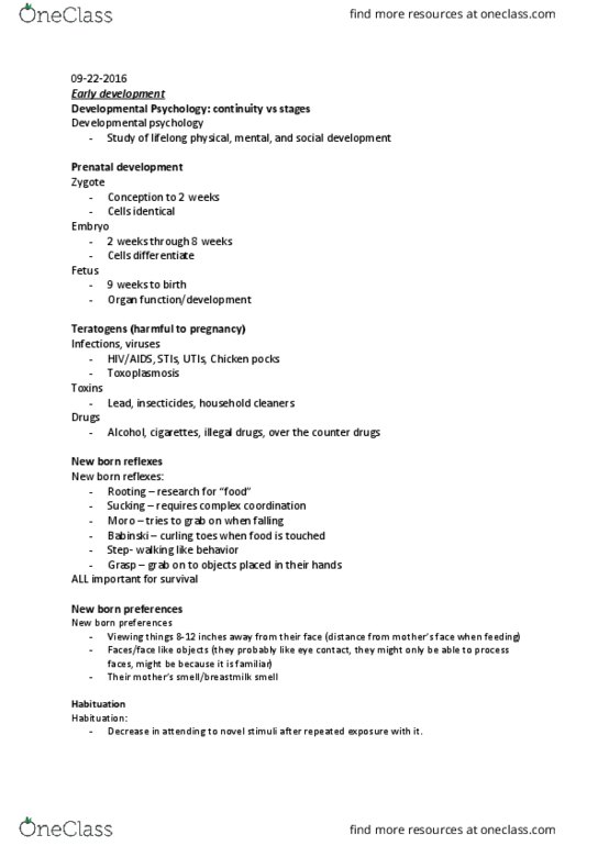 PSY 100 Lecture Notes - Lecture 10: Critical Period, Frontal Lobe, Depth Perception thumbnail