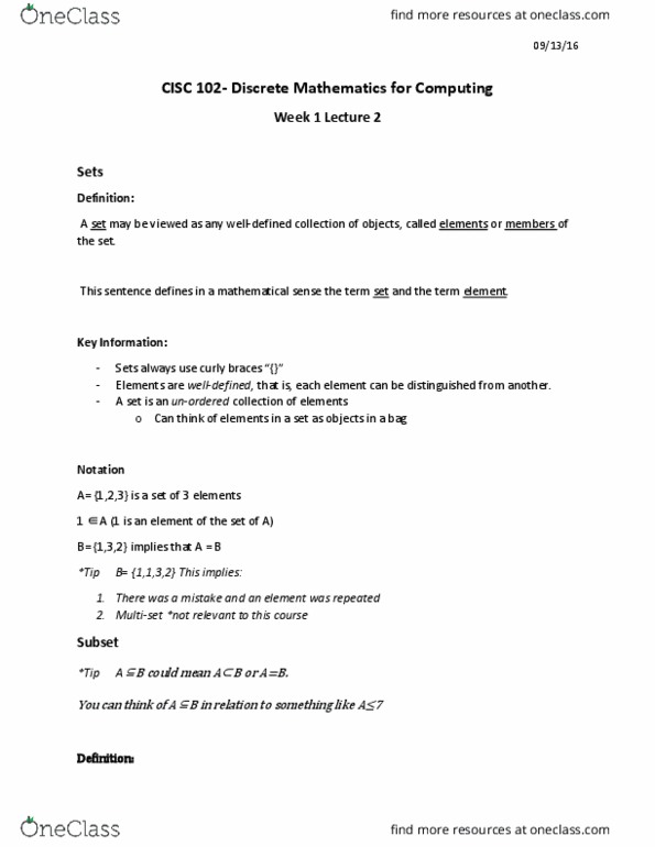 CISC 102 Lecture Notes - Lecture 2: Subset, Triangular Number, Multiset thumbnail