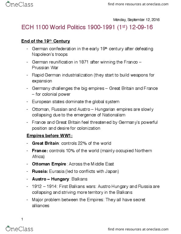 ECH 1100 Lecture Notes - Lecture 1: Archduke Franz Ferdinand Of Austria, Franco-Prussian War, German Confederation thumbnail