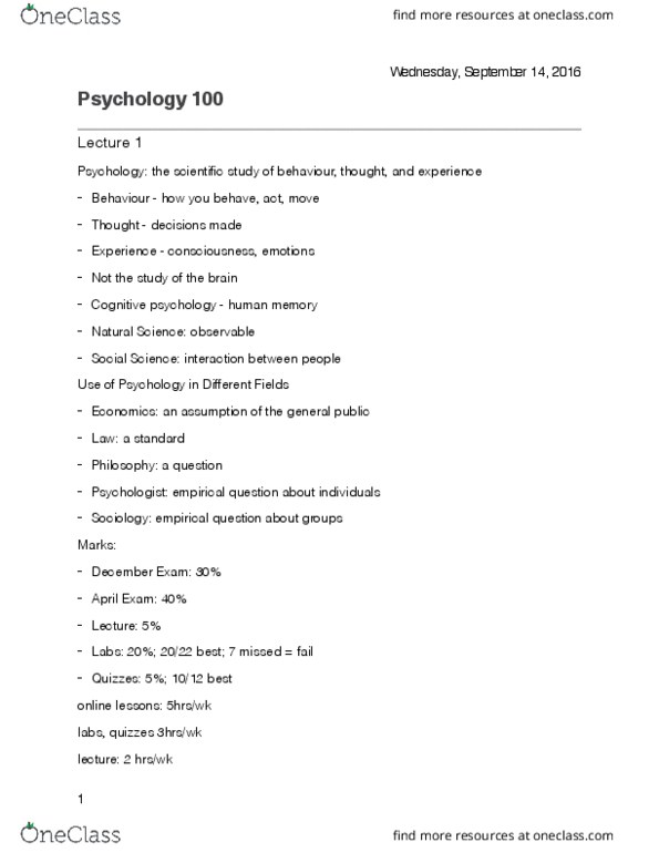 PSYC 100 Lecture Notes - Lecture 1: Cognitive Psychology, Cognitive Revolution, Empiricism thumbnail