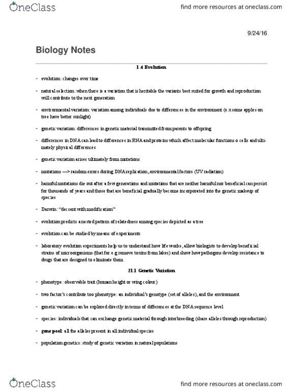 BIOA01H3 Lecture Notes - Lecture 1: Molecular Clock, Thomas Robert Malthus, Balancing Selection thumbnail