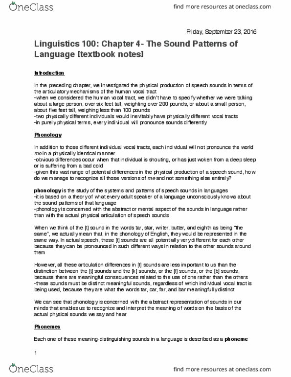 LING 100 Chapter Notes - Chapter 4: Vocal Tract, Phoneme, Minimal Pair thumbnail