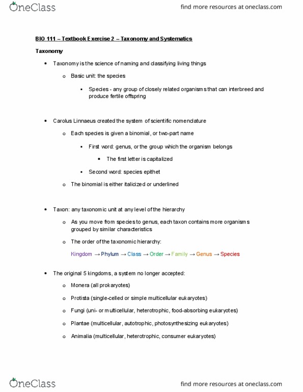 BIOL 111 Chapter Notes - Chapter 2: Carl Linnaeus, Monera, Protist thumbnail