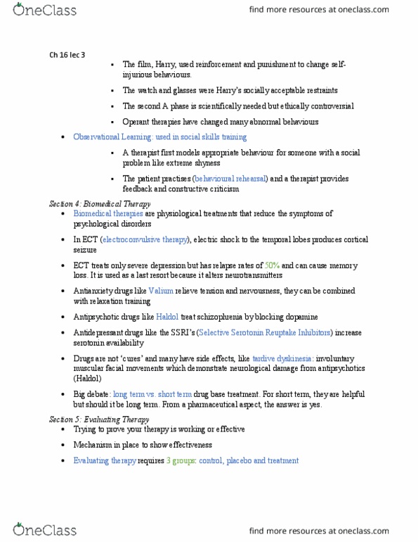 PSYC1023 Lecture Notes - Lecture 15: Haloperidol, Systematic Desensitization, Spontaneous Remission thumbnail