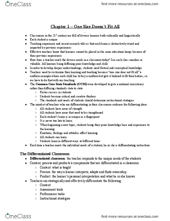 EDPI 341 Chapter Notes - Chapter 1: Theory Of Multiple Intelligences, Common Core State Standards Initiative, Differentiated Instruction thumbnail