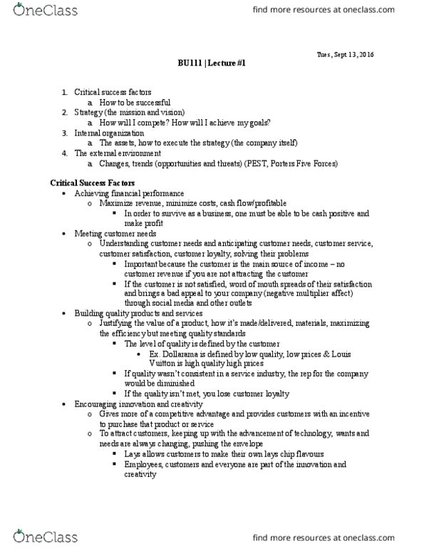 BU111 Lecture Notes - Lecture 1: Niche Market, Dollarama, Main Source thumbnail