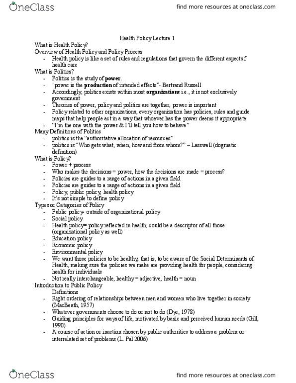 Health Sciences 3400A/B Lecture Notes - Lecture 1: Health Policy, Sexually Transmitted Infection, Bertrand Russell thumbnail