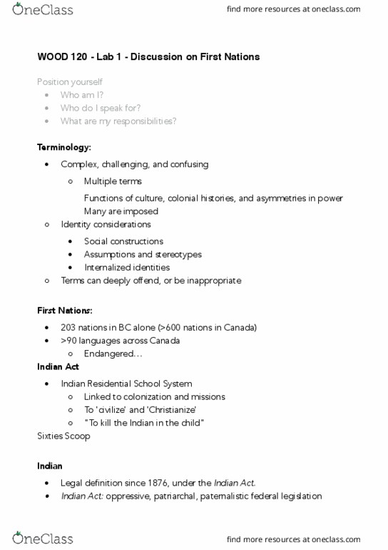 WOOD 120 Lecture Notes - Lecture 1: Sixties Scoop, Aboriginal Title, Indian Act thumbnail