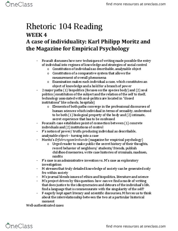 RHETOR 104 Chapter Notes - Chapter 4: Karl Philipp Moritz, Empirical Psychology, Bricolage thumbnail