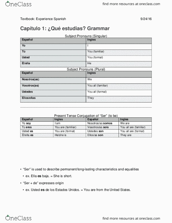 SPAN 1110 Chapter Notes - Chapter 1: Infinitive thumbnail