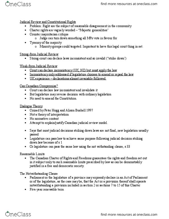 PHILOS 1B03 Lecture Notes - Lecture 7: Section 33 Of The Canadian Charter Of Rights And Freedoms, Peter Hogg, Pass Laws thumbnail