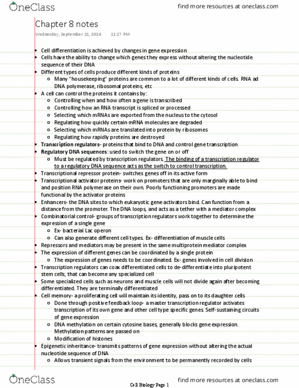 BIO 327 Chapter Notes - Chapter 8: Lac Operon, Rna Interference, Methylation thumbnail