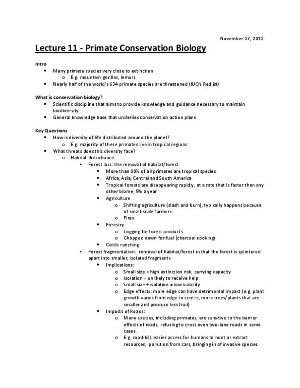 ANT203Y1 Lecture Notes - Lecture 11: Habitat Fragmentation, Bushmeat, Cites thumbnail