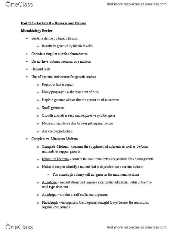 BIOL 222 Lecture Notes - Lecture 8: Pilus, Lysis, Plasmid thumbnail