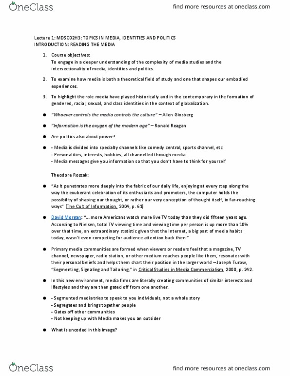 MDSC02H3 Lecture Notes - Lecture 1: Heteronormativity, Canadian Identity, Mass Media thumbnail