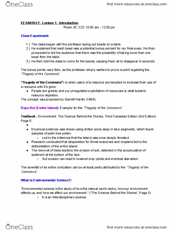 EESA01H3 Lecture Notes - Lecture 1: Dependent And Independent Variables, Biocapacity, Biome thumbnail