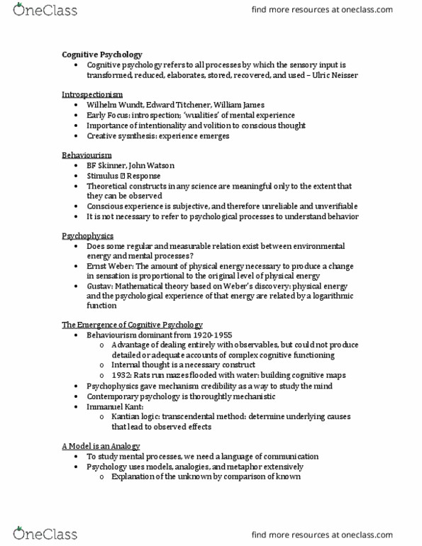 PSYCH 2H03 Lecture Notes - Lecture 1: Electroencephalography, Ulric Neisser, Edward B. Titchener thumbnail