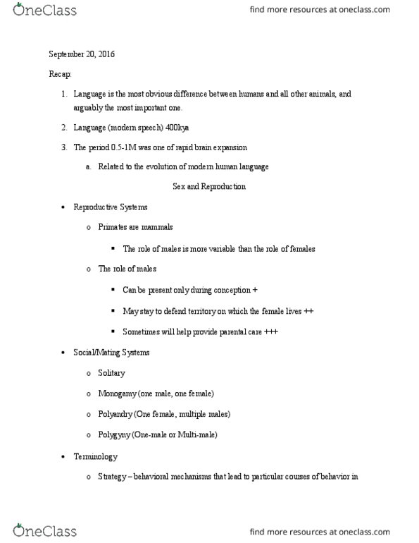 ANT 2033 Lecture Notes - Lecture 9: Paternal Care, Natural Selection, Secondary Sex Characteristic thumbnail