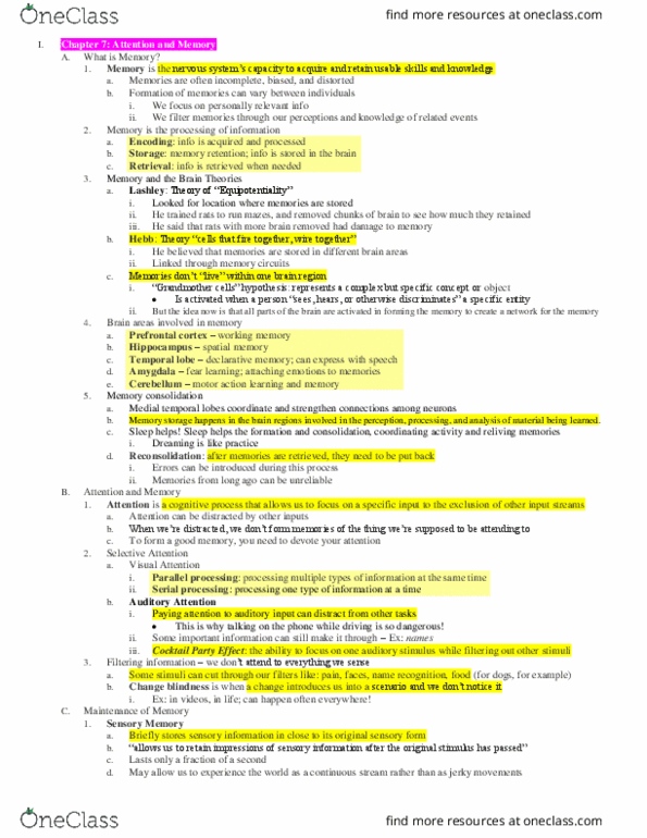 PSC 1 Lecture Notes - Lecture 6: Cerebellum, Anterograde Amnesia, Memory Consolidation thumbnail
