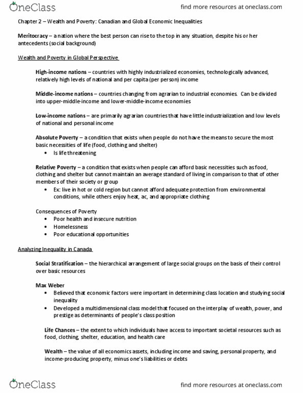 Sociology 2140 Chapter Notes - Chapter 2: Social Inequality, Meritocracy, International Inequality thumbnail