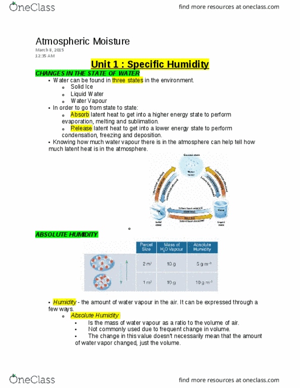 ENVIRSC 1A03 Chapter Notes - Chapter 6: Vapor Pressure, Fluid Parcel, Humidity thumbnail