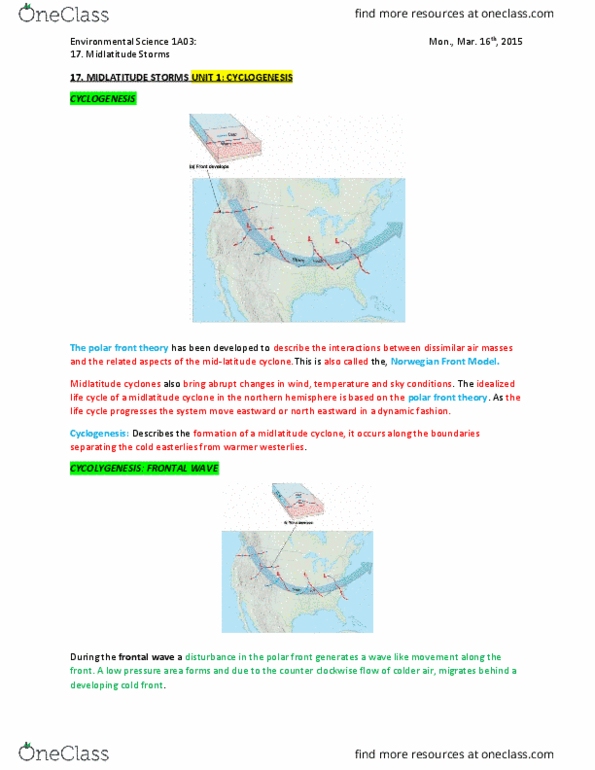 ENVIRSC 1A03 Chapter Notes - Chapter 17: Cyclogenesis, Jet Stream, Polar Front thumbnail