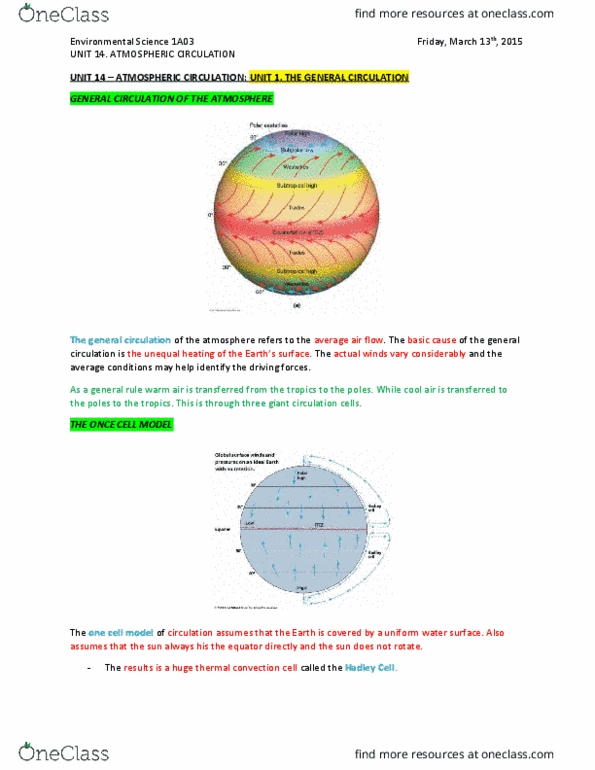 ENVIRSC 1A03 Chapter Notes - Chapter 14: Intertropical Convergence Zone, Hadley Cell, Atmospheric Circulation thumbnail