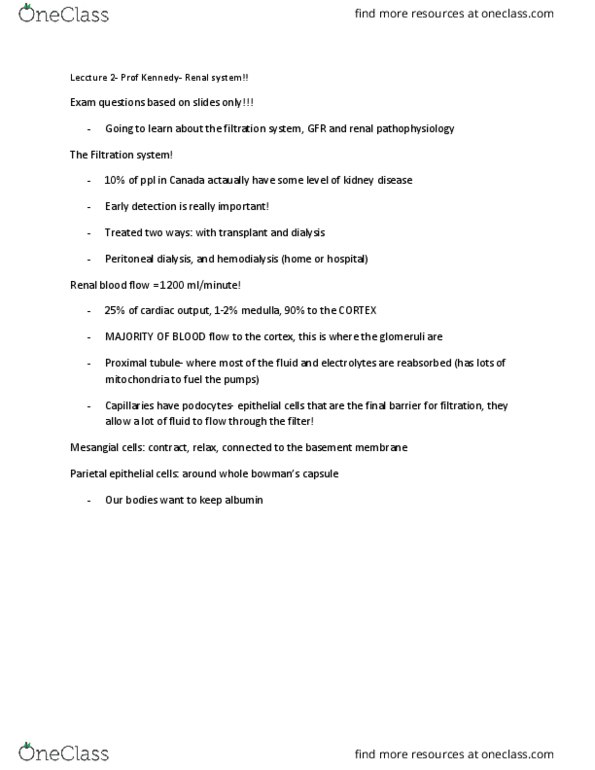 PHS 4300 Lecture Notes - Lecture 2: Renal Function, Peritoneal Dialysis, Renal Blood Flow thumbnail