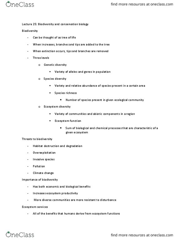 BIO SCI 94 Lecture Notes - Lecture 25: Ecosystem Diversity, Habitat Destruction, Invasive Species thumbnail